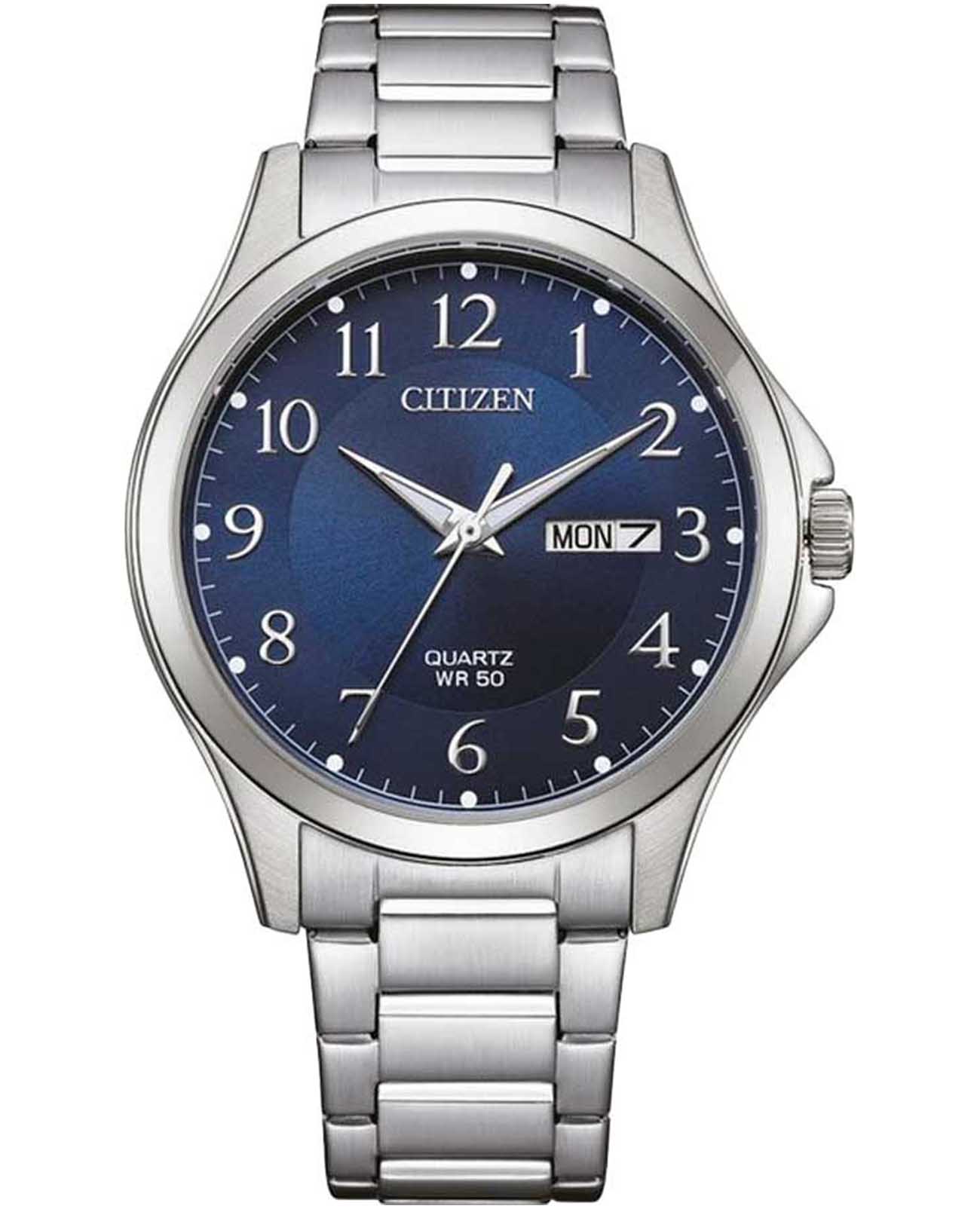 Citizen Citizen Basic BF2021-82L  BF2021-82L кварцевые мужские часы синий циферблат, браслет нержавеющая сталь — вид спереди